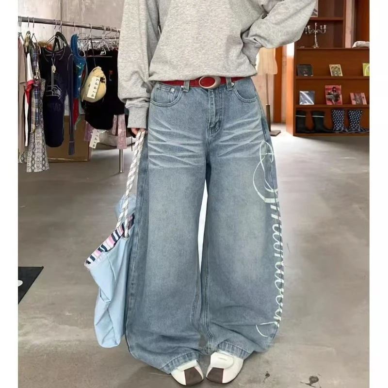 American Retro Wide Leg Jeans Women Letters Print Y2k Jeans Streetwear Baggy Pants Hip Pop Denim Pants Fashion Women Clothing