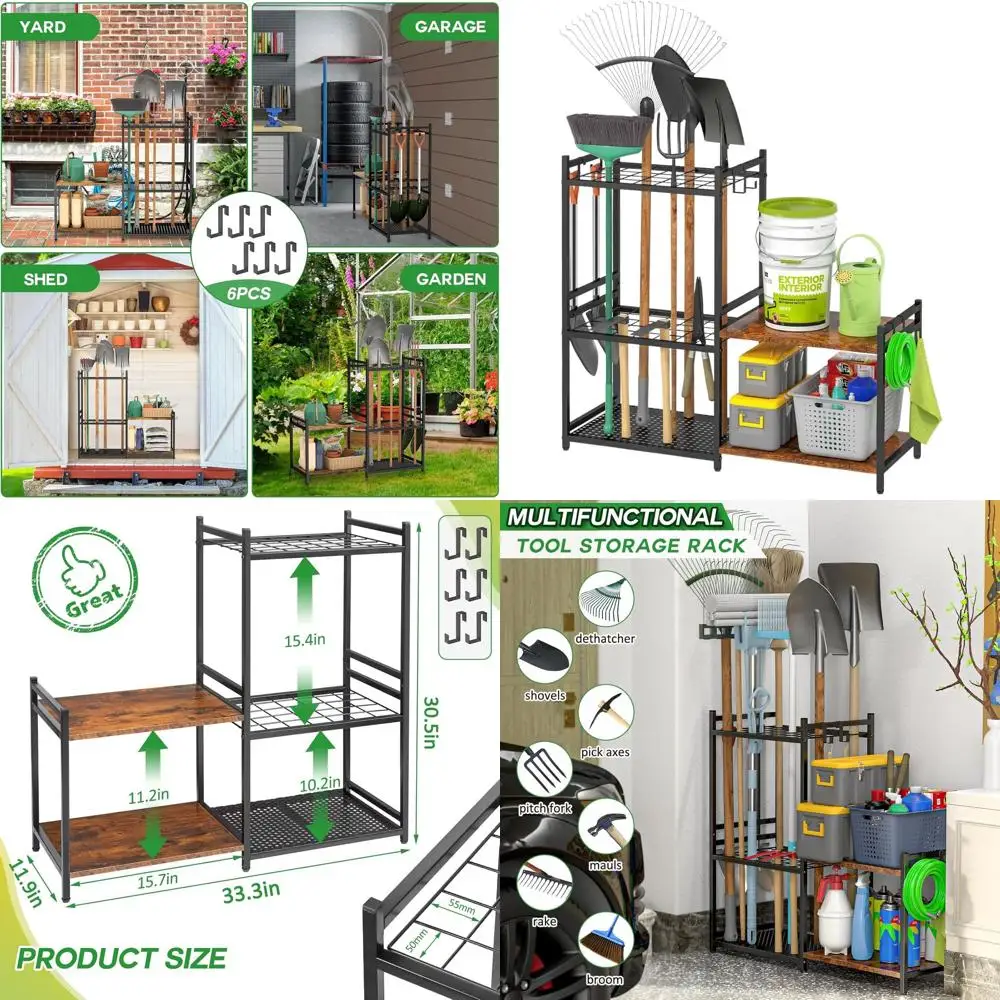 

Прочный 2-уровневый деревянный гаражный стеллаж с 6 крючками, вмещает 35 инструментов для двора с длинной ручкой для хранения