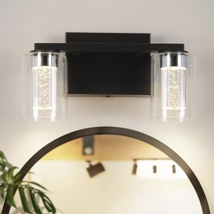

2-Light Bathroom Light Fixtures Black Modern Vanity Lights with Clear Glass Shade LED Bathroom Wall Lighting with Crystal Bubbl