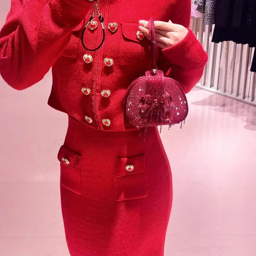 Women's red two-piece suit knitted long-sleeved single-breasted pocket top or slim-fitting hip-hugging long skirt