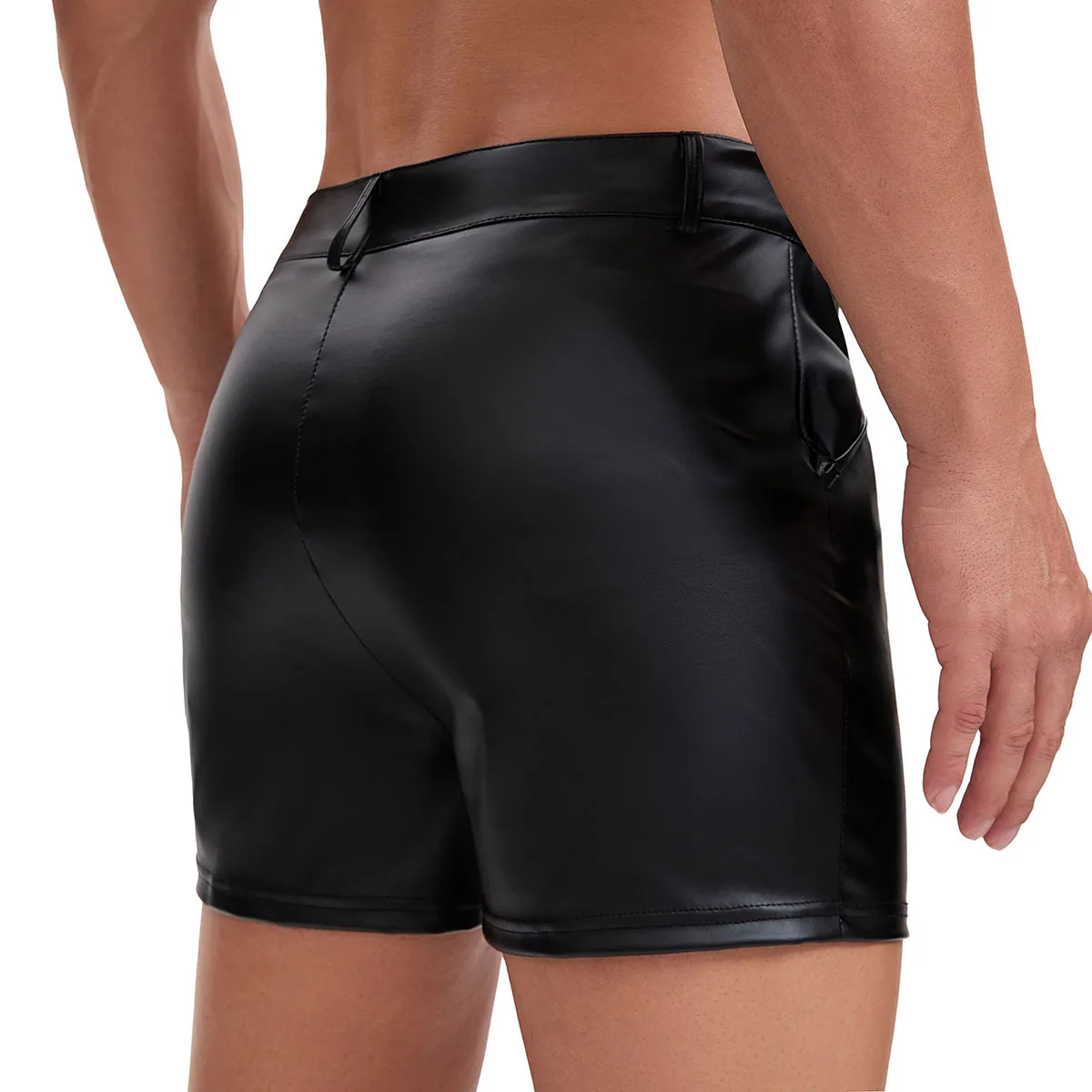 Europe, America, Men's Matte Soft Leather Shorts, Button Placket With Pockets, Slim-fitting Elastic Nightclub Performance Pants