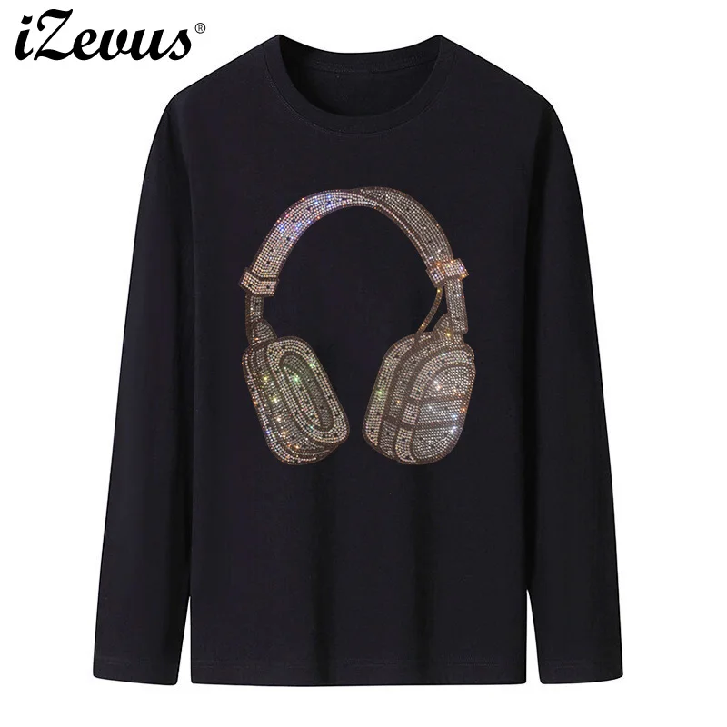 High-quality headset drill figure fall and winter men's long-sleeved cotton casual bottoming T-shirt loose comfortable and soft