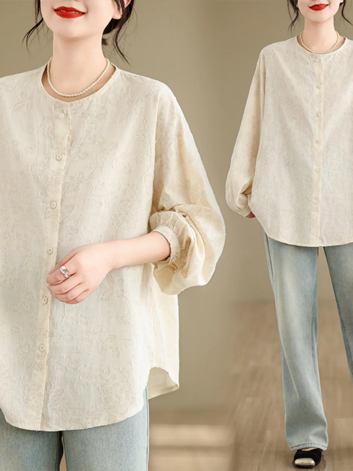 

2024 Autumn New Sle Pure Cotton Embroidered round Ne Long Sve irt Women's Loose Fit Faionable Sun Protection Clothing