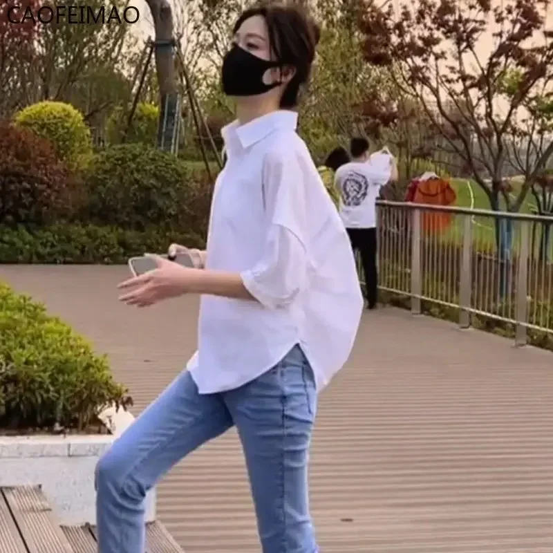 Cotton Mid-sleeve Thin Woman Caofeimao 2025 Summer New Loose Fashion Irregular Shirt Casual Vacation Top Korean Women's Clothes
