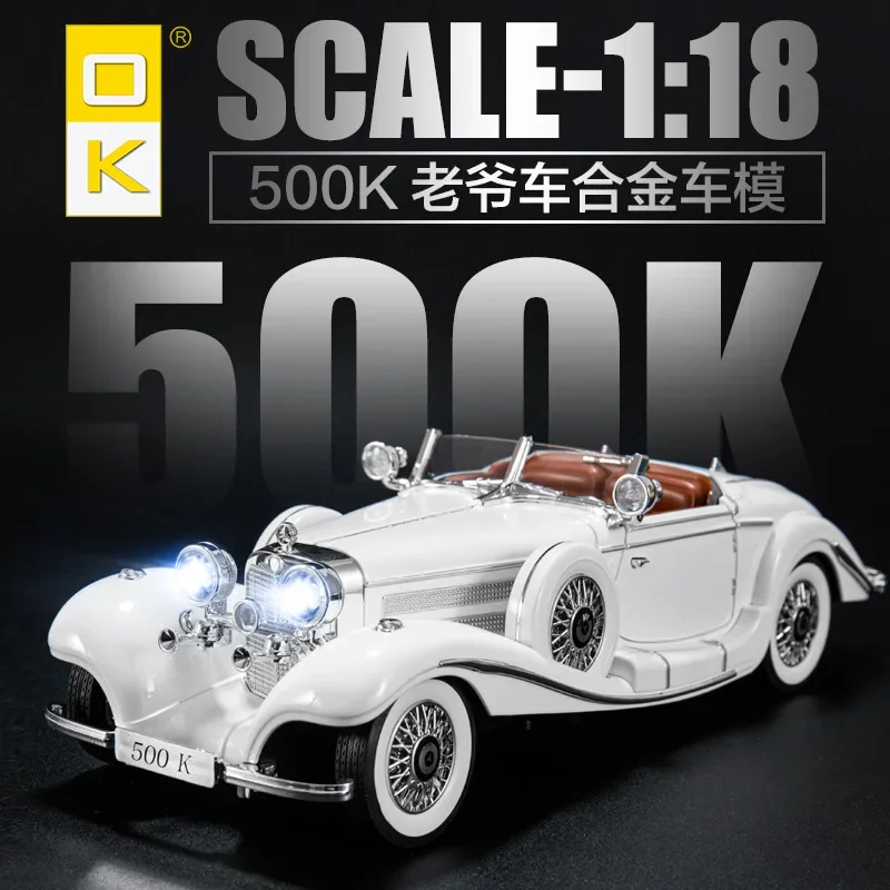 子供用合金車のおもちゃ,1:18メルセデスベンツ500k,ダイキャスト,金属,音と光,車を引く