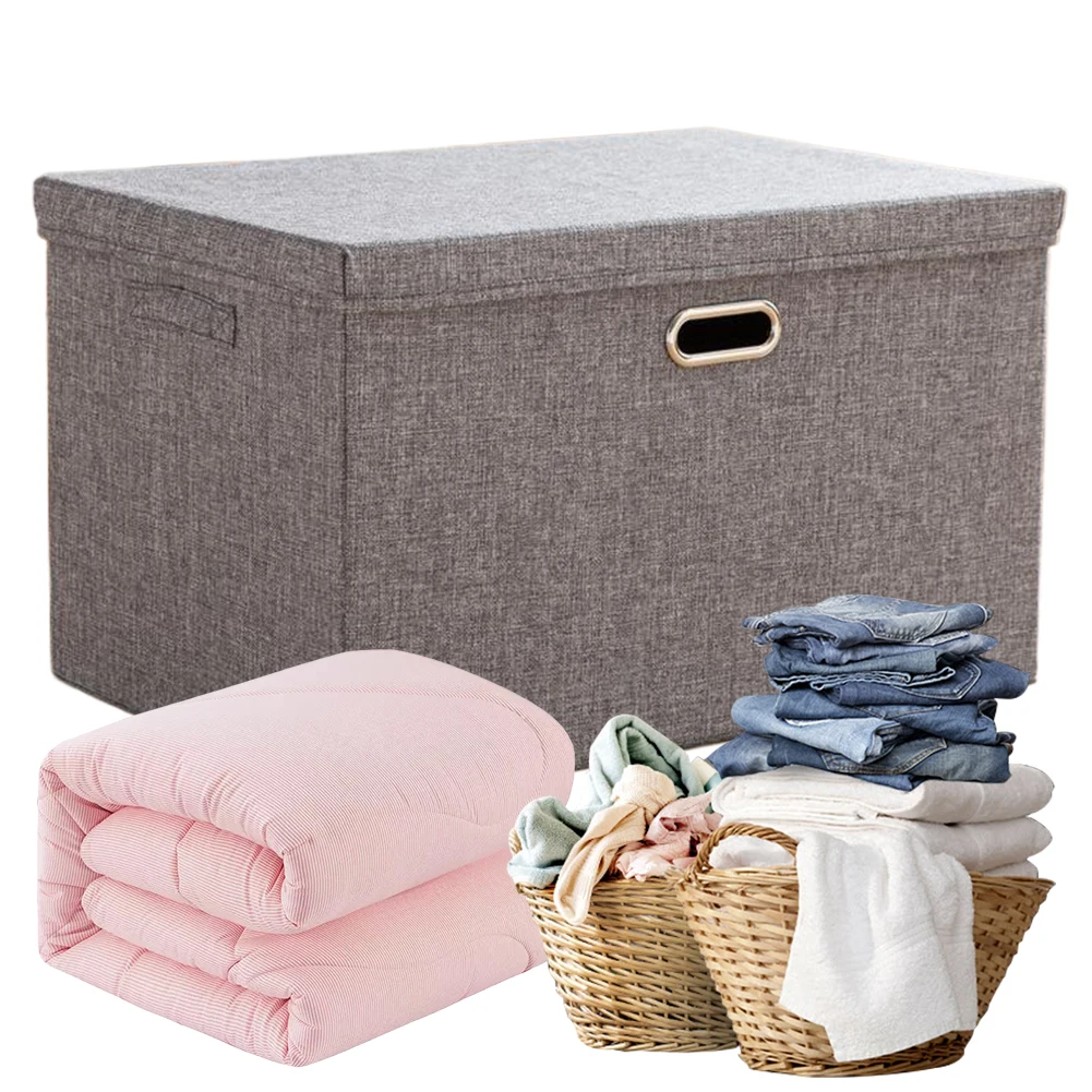 Boîte de Rangement Pliable en Tissu Coton et Lin Lavable de Grande Capacité, mir à illant avec Couvercle