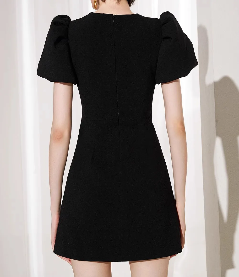 Zwarte vintage jurk dames met grote strik bladerdeeg mouw hoog getailleerde elegante vestidos bodycon streetwear chique doek dame zomer