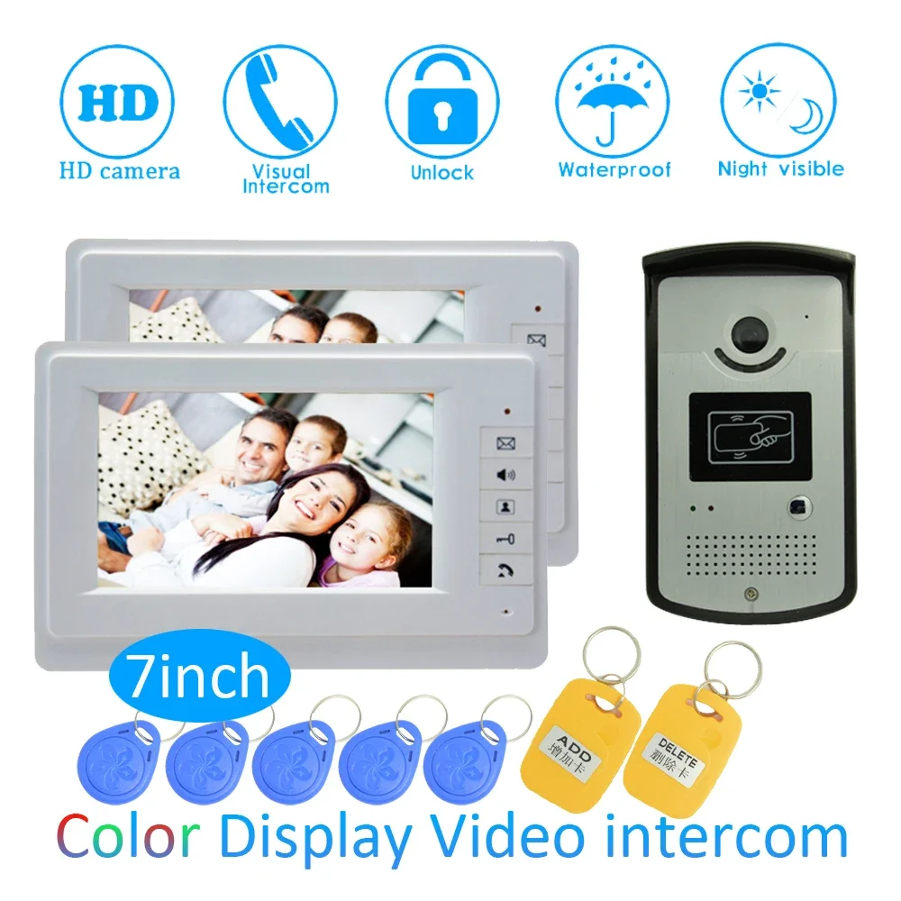 New Smart home Control 7 inch Display 1 to 2 Door Bell Wired Video Door Phone System HD waterproof camera RFID Card Door release