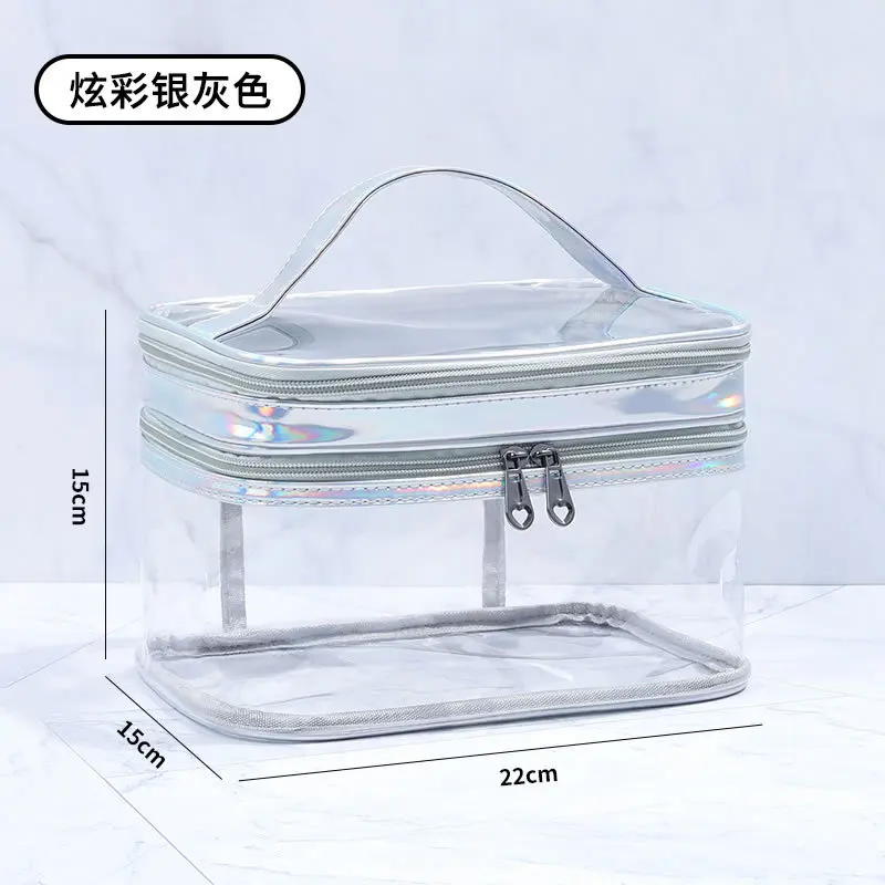 Ins Transparent Double Layer Makeup Bag Colorful Laser Large Capacity Cosmetic Bags Pouch PVC Waterproof  Make Up Organizer Bag