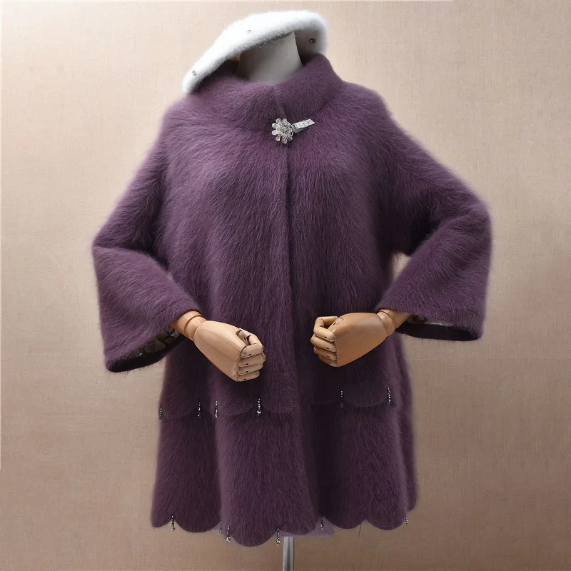 

1.3Kg Heavy Thick Ladies Women Autumn Winter Warm Hairy Mink Cashmere Knitted Beading turtleneck Loose Cardigans Sweater Jacket