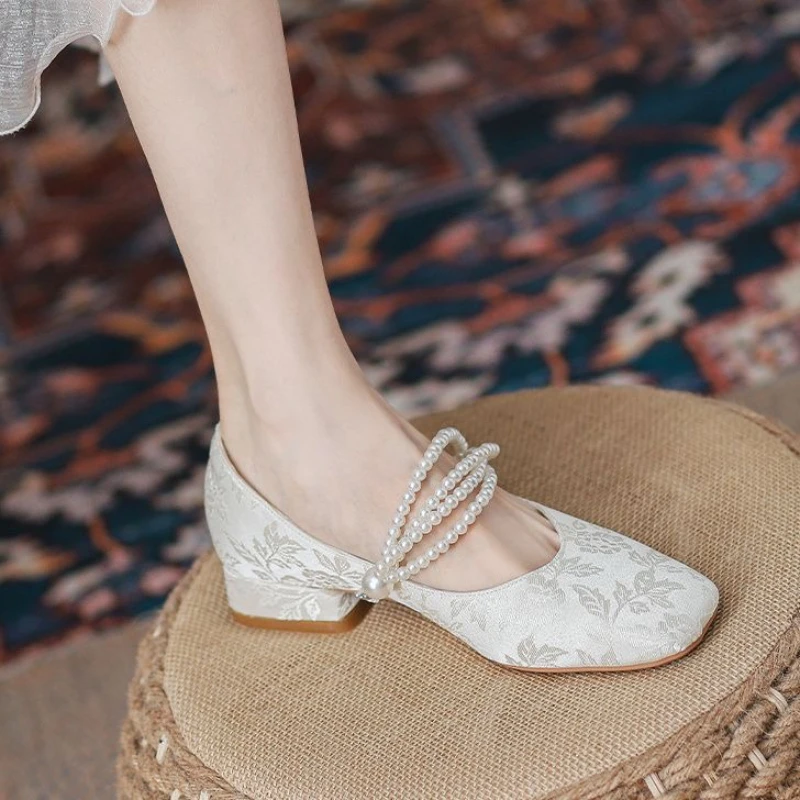 

Plus Size Wide Width Mary Jane Flats New Chinese Style Square Toe Chunky Low Heel Pearl Strap Women Shoes