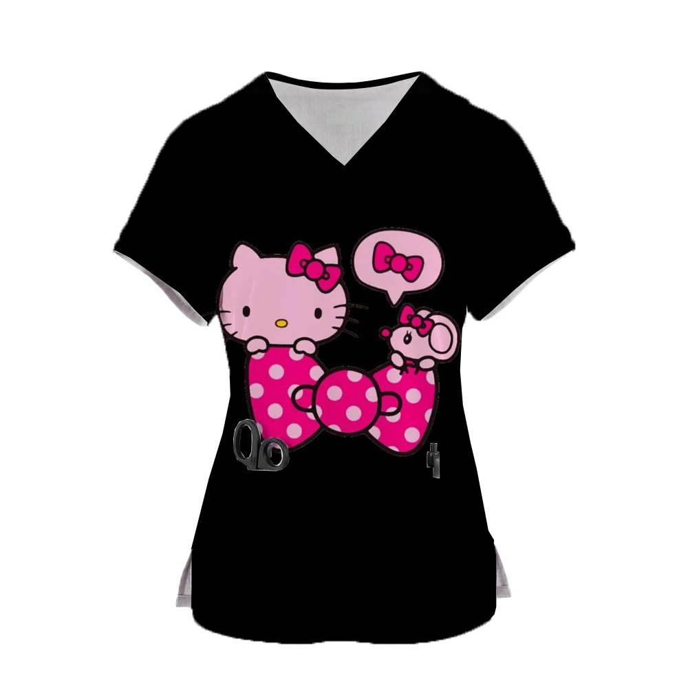 New 2024 Hello Kitty ChristmasPrint Nurse Uniform Women's Pocket Healthcare Nursing Scrubs Nurse Work Shirt Nursing Staff