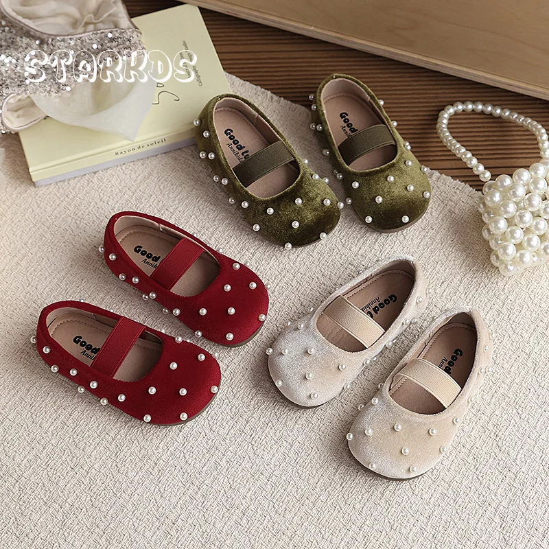 Vintage Wide Elastic Band Red Green Velvet Ballet Flats Kid Girl Pearls Velour Ballerina Shoes Baby Child Slip-on Dress Shoes