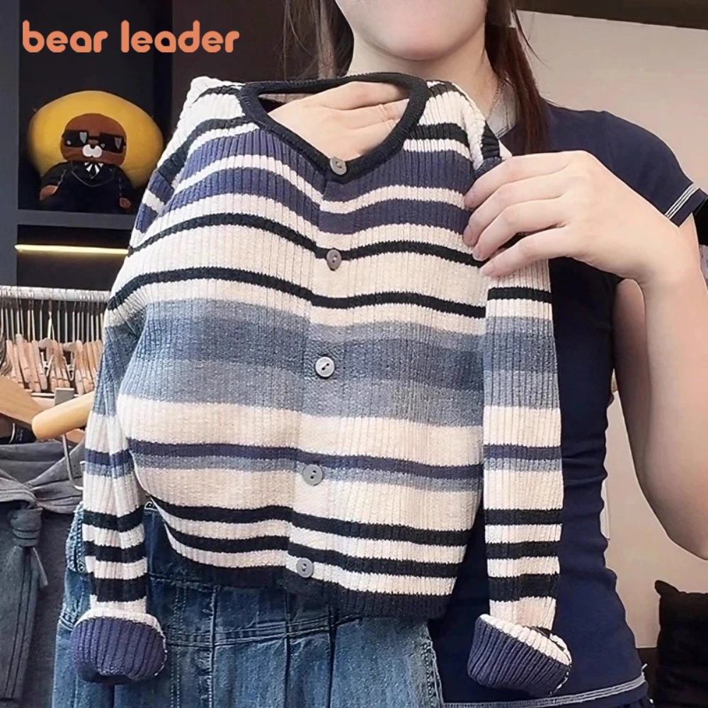 Bear Leader الخريف الكورية نمط الفتيات سترة مشغولة من الصوف مخطط مطبوعة بأكمام طويلة أعلى الربيع اللون منعت الاطفال لباس غير رسمي