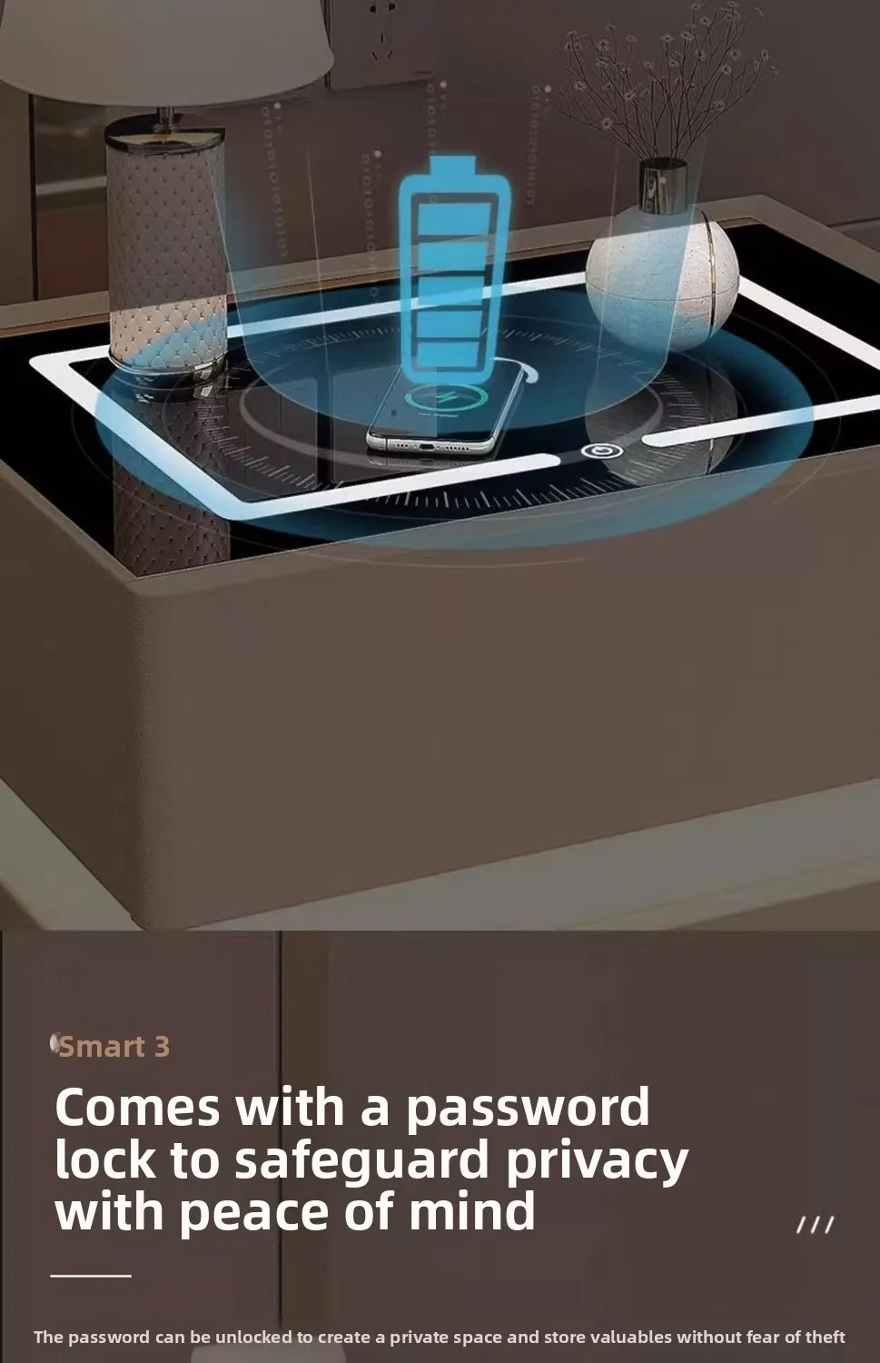 منضدة من الشركة المصنعة طاولة السرير الذكية شحن لاسلكي 2 درج قفل بصمة الإصبع مصباح ليد خزانة أثاث غرفة النوم #6