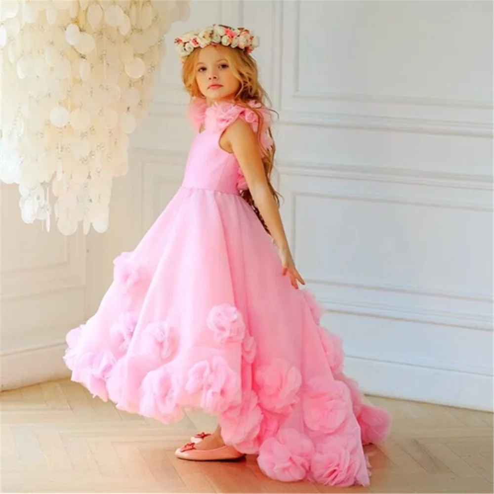 Luxury Pink Flower Girl Dress Wedding Party Appliqued Extra Puffy Princess Holy First Communion Dress Long Sleeves