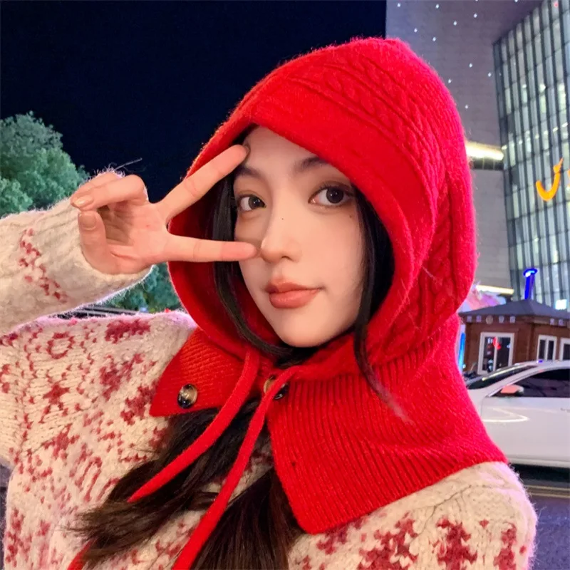 South Korean balaclava for women autumn and winter style warm hat scarf integrated with a hooded neck warmer knitted woolen hat