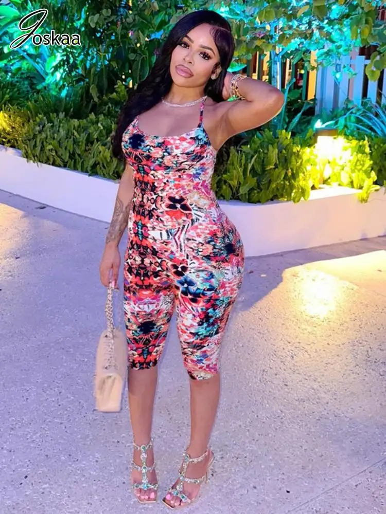 

Joskaa 2025 Summer Women's Colorful Floral Printed Halter Neck Playsuit Sexy Low Cut Tie Back Backless Skinny Rompers Clubwear