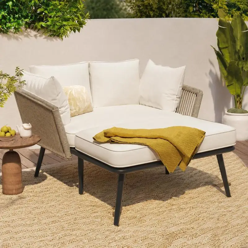 Canapé-lit de jardin d'extérieur avec coussins amovibles et lavables, structure en acier et design en corde tressée, chaise longue de patio ou de balcon, beige