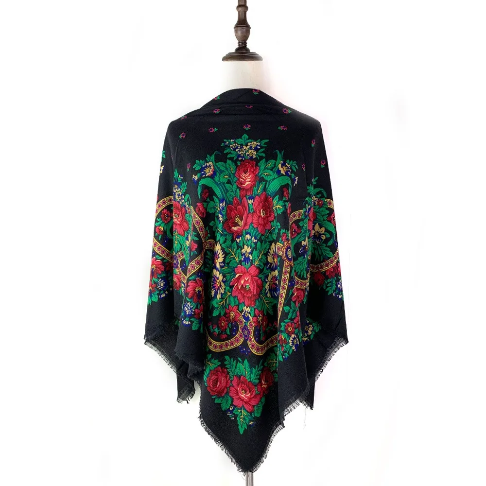 

130×130cm Women's Shawl Scarves Thin Breathable Russian National Square Scarf Luxury Floral Print Ethnic Shawl Bandana