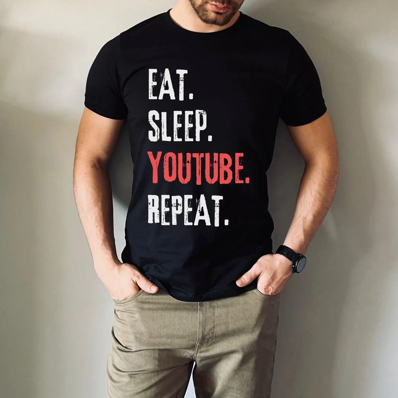 Eat Sleep YouTube Repeat T Shirt Funny Casual for YouTuber Content Creator Influencer Social Media vintage Washed Stretched
