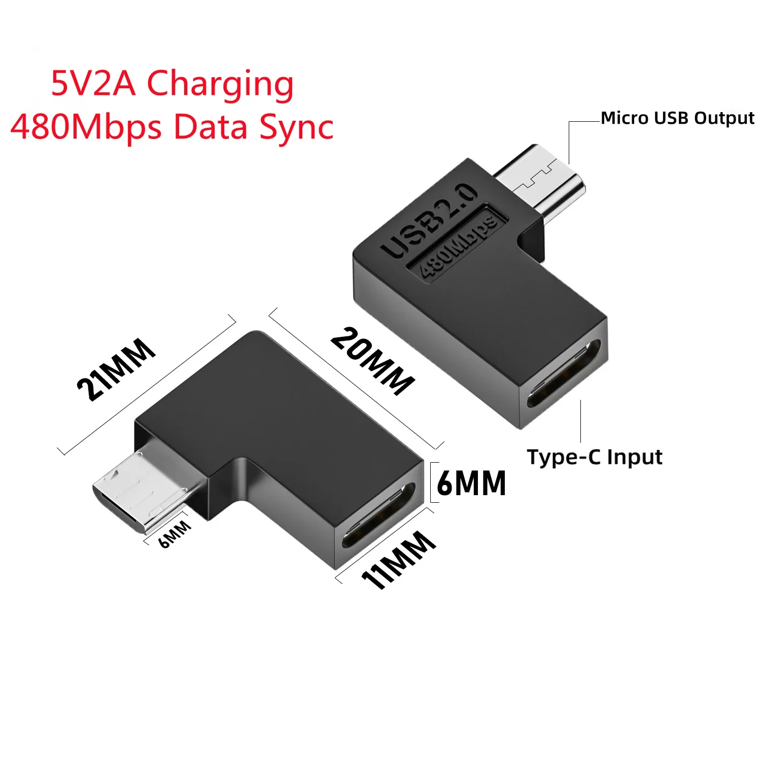 USB 2.0 Typ-C-Buchse auf Micro-USB-Stecker, 90 Grad links/rechts abgewinkelt, U-Form, 5V2A-Ladeanschluss für Android-Handys und Tablets