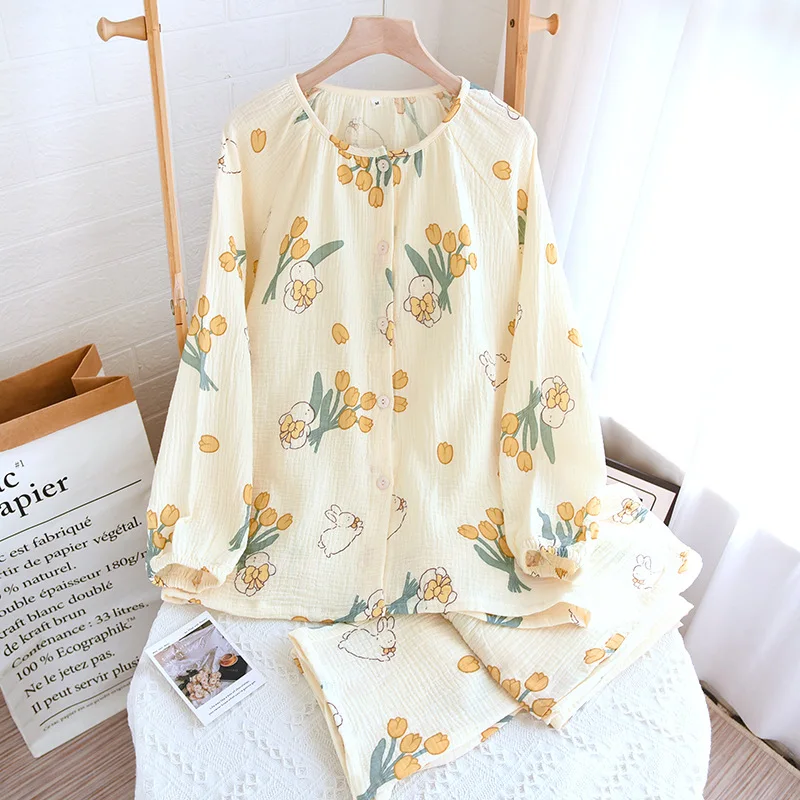 

Autumn Pajamas For Women Cotton Round Neck Cardigan Women's Home Clothes Long Sleeve Top Trousers Sets Soft Princess Sleepwear