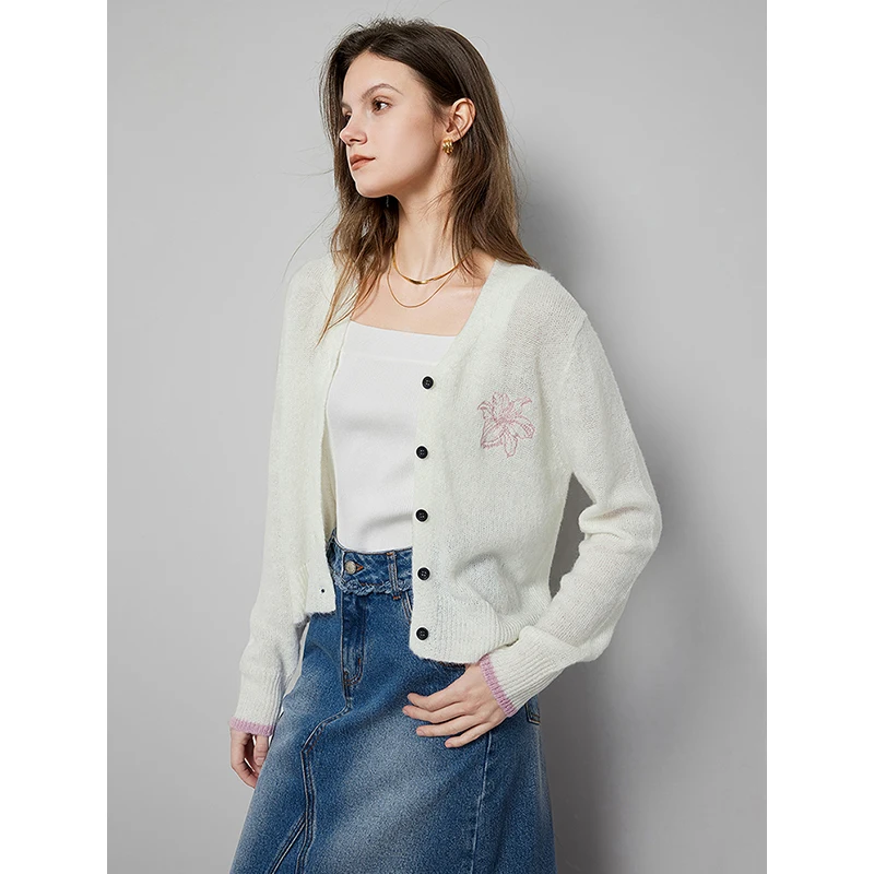 TOYOUTH Women Cardigan Sweater 2024 Spring Flower Embroidery Pattern Single Breasted Button V Neck White Knitwear Fashion Tops