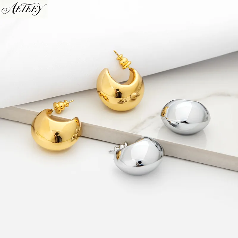 Gold Plated C Shape Hoop Earrings Glossy Bean Studs Thick Semi-circle Light Luxury Women Ear Jewelry