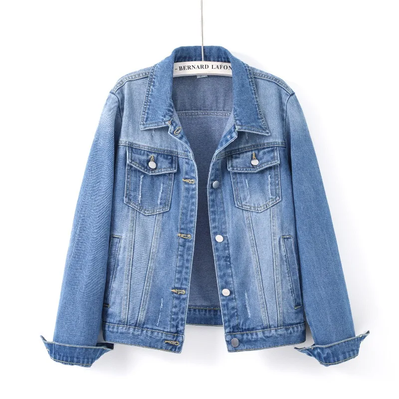Women Slim Fit Denim Coat Washed Scratch Detail Long Sleeve with Inner Pockets Lapel Collar Casual Versatile Daily Outerwear