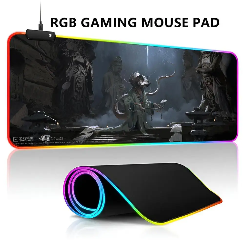 Black Myth Wukong Mouse Pad RGB LED Light Gaming Mousepad Waterproof Large Gamer Mause Keyboard Pad PC Desk Play Mat with Backli