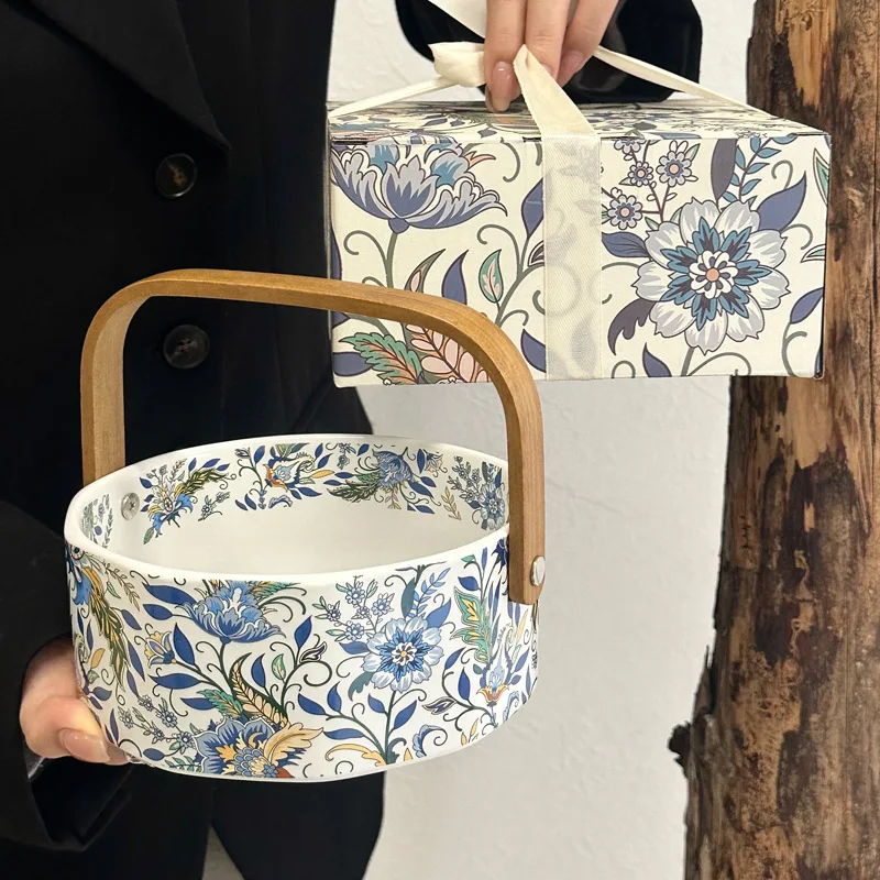 

New Medieval Light Luxury Iris Porcelain Portable Fruit Basket High Grade Household Fruit Tray Snack Dim Sum Tray Delicate Gifts