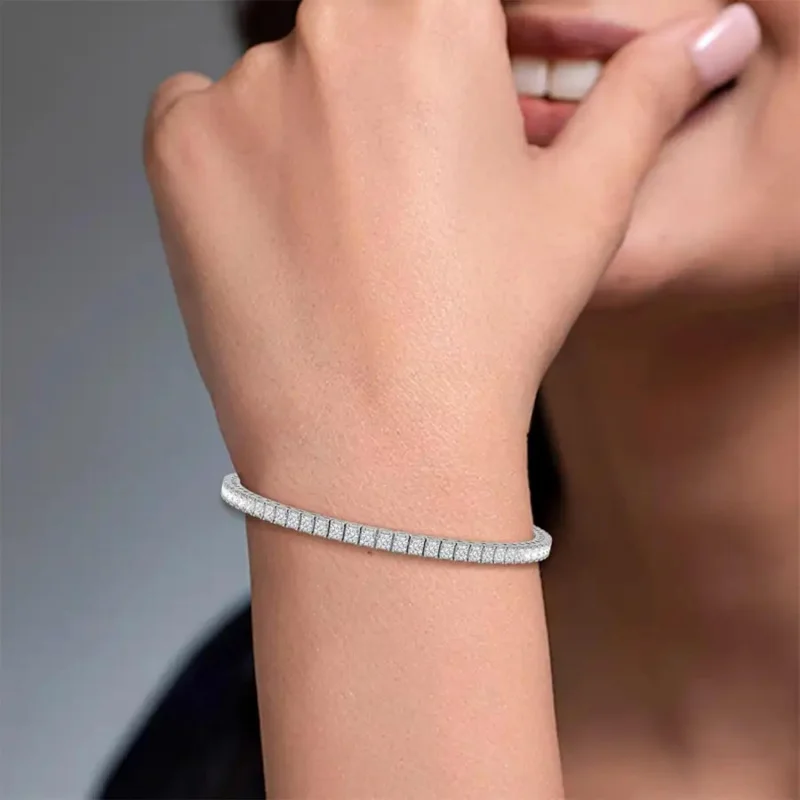 5.68 Ct VVS1 Clarity D Color, 2.20 MM Square Stone Miracle Shine Jewelry,Princess Cut Moissanite Tennis Bracelet In 925 Sterling
