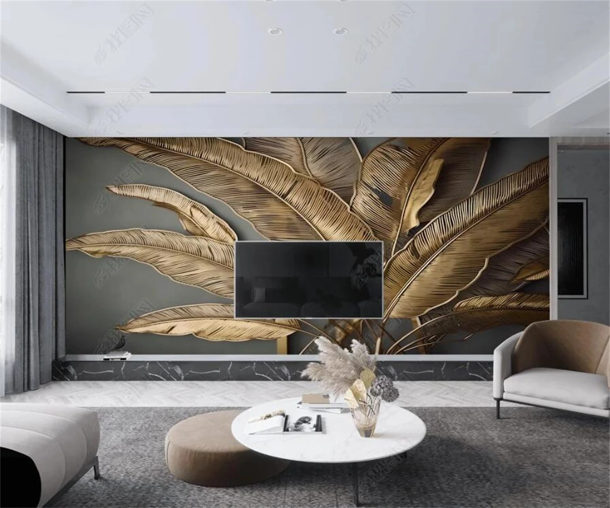 beibehang Customized modern light luxury three-dimensional relief texture gold banana leaf decoration TV background wallpaper