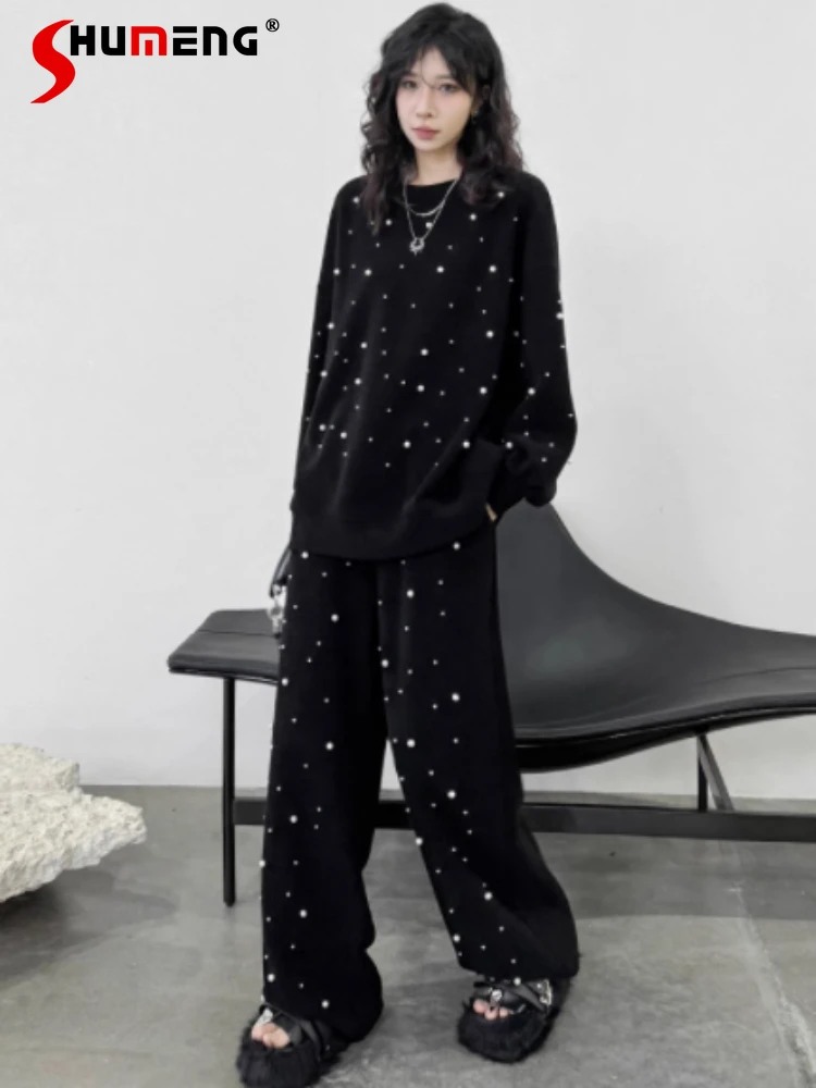 Women's Two-piece Sets 2024 New Bead Fashion Set Feminine Loose Sweatshirts Wide-leg Pants Blingbling Diamond Chic Trousers Sets