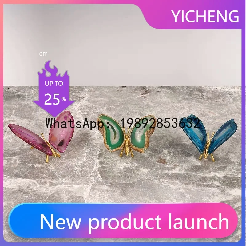 Colored Agate Butterfly Ornament Natural Agate Chips Brass Simulation Insects Butterfly Statue Metal Figurine Home Decoration