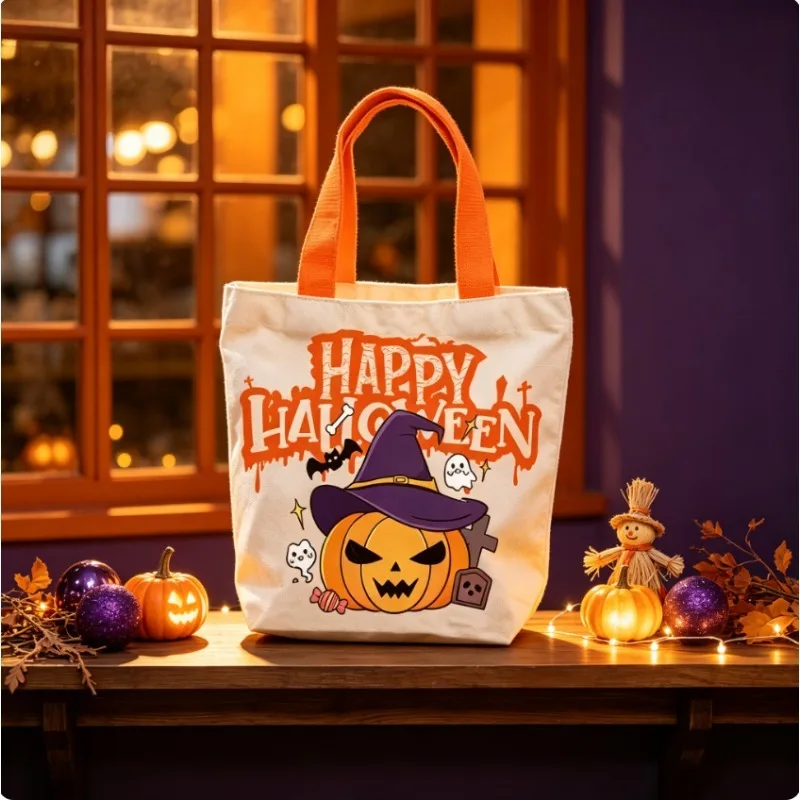 Halloween Canvas Tote Bags Trick Or Treat Candy Sack Kids Pumpkin Witch Bat Print Reusable Handbag Party Favor Supplies