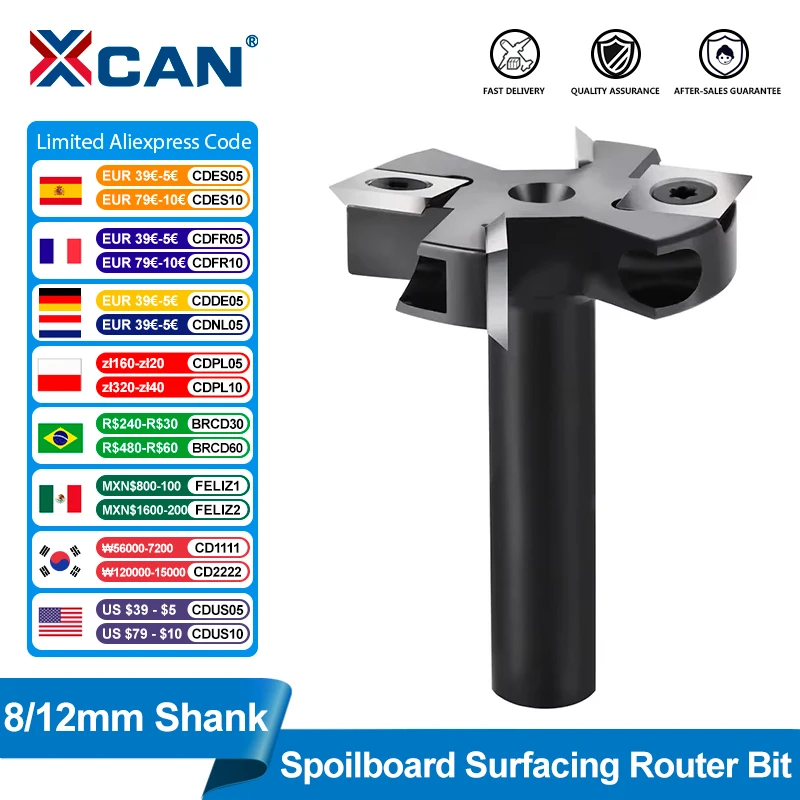 XCAN Milling Cutter 4-Flute Spoilboard Surfacing Router Bits 8 12mm Shank Wood Planer Bit Insert Carbide Slab Flattening Bit