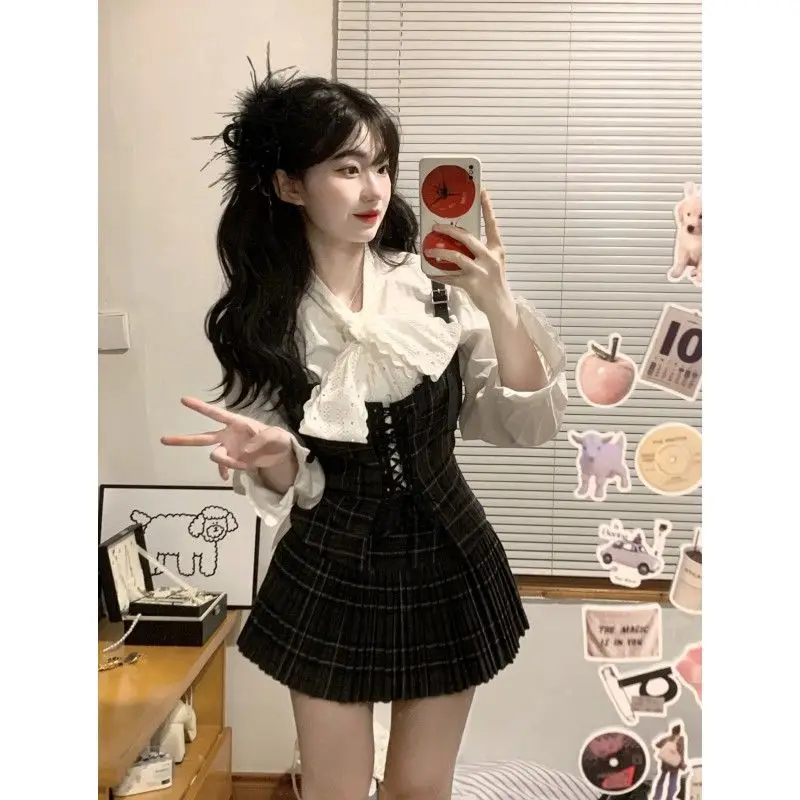 

vintage preppy style korean sweet three piece sets all match a-line pleated skirts casual bow blouse with cross strap camisole