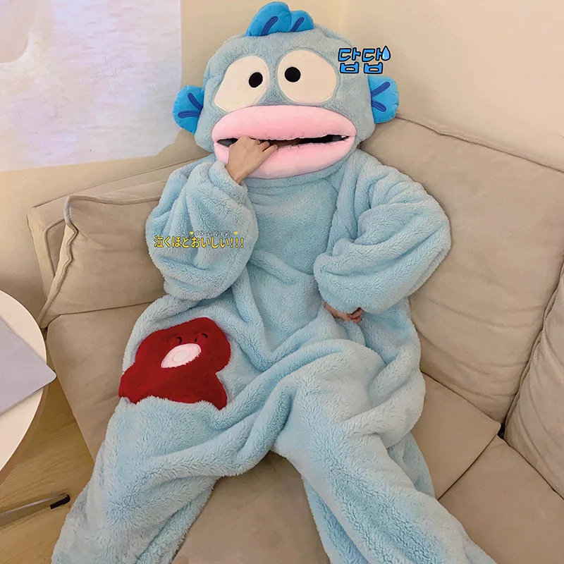 Sanrio Hanton Ugly Fish Winter New One-piece Pajamas Women\'s Coral Fleece Warm Autumn and Winter Cartoon Funny Couple Pajamas