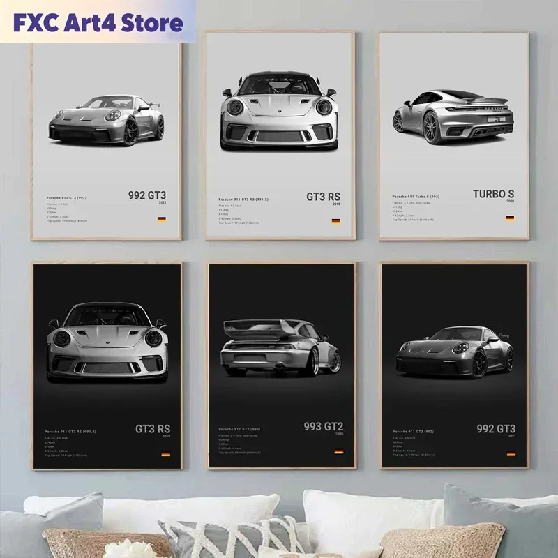 Rahmenlose Schwarz-Weiß-Poster mit deutschen Luxus-Sportwagenmotiven, Wandkunst 911 GT3 RS Turbo, Leinwandbilder für Garage und Wohnzimmer