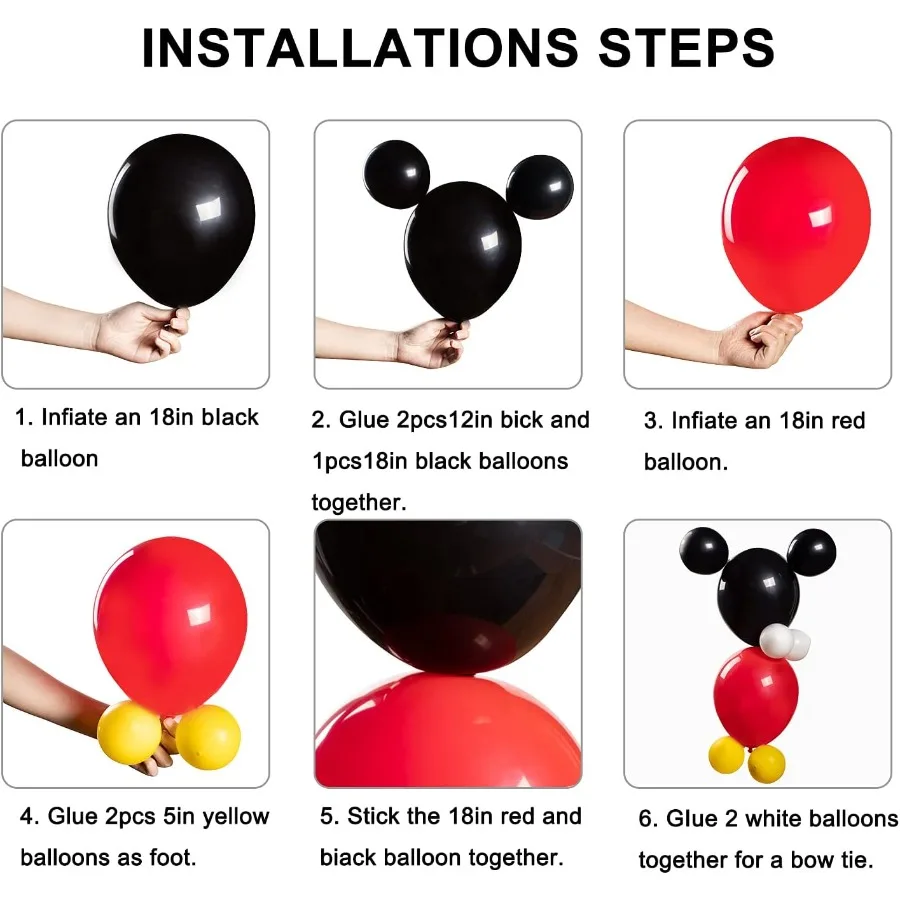 142 قطعة من بالونات الماوس مجموعة جارلاند من رقائق النثار باللون الأسود والأحمر والأصفر والأبيض لتزيين حفلات أعياد الميلاد على شكل فأر كرتوني