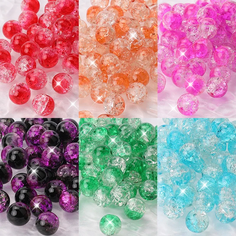 8mm/10mm Round Colour Glass Crackle Beads Loose Lampwork Spacer Beads for Jewelry Making Diy Handmade Bracelet Craft Accessories