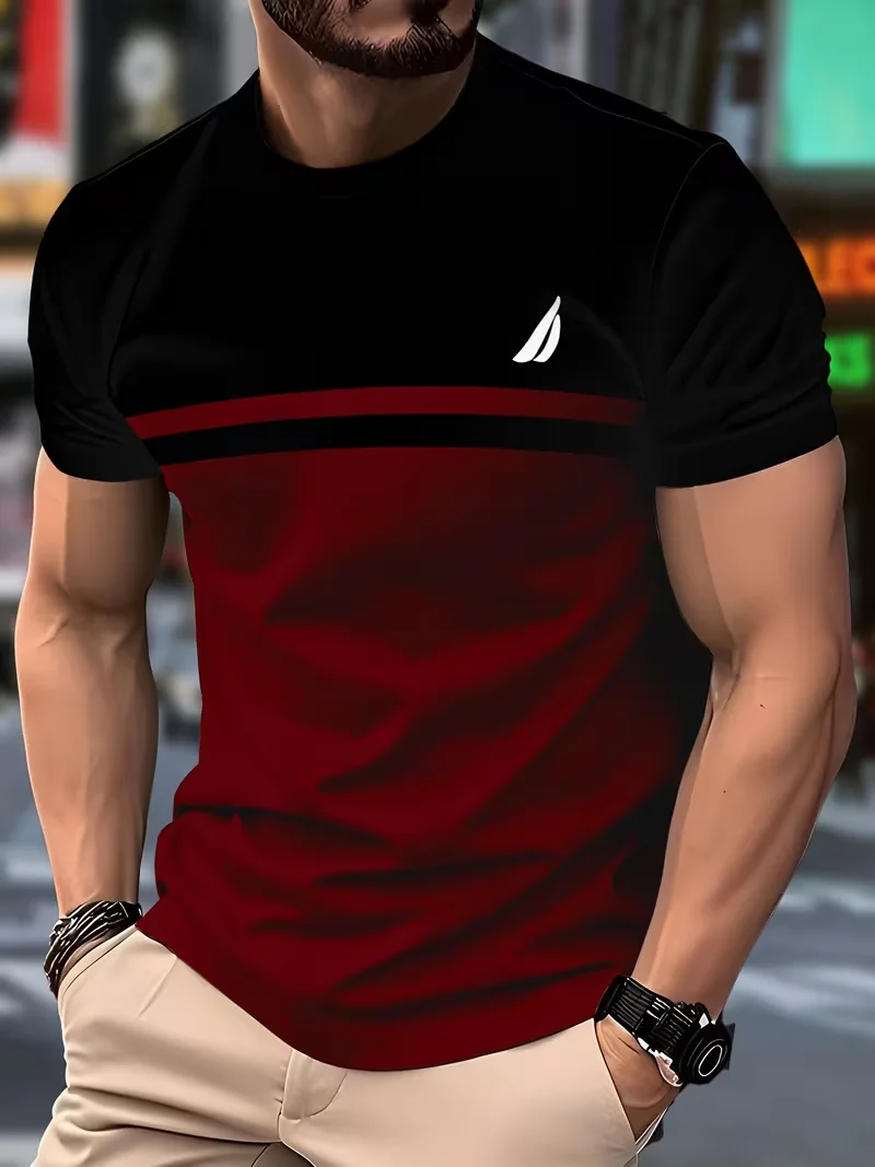 Modern Two-Tone T-Shirt for Men – Black & Burgundy Color Block with Striped Accent, Comfortable Casual Top，tshirt