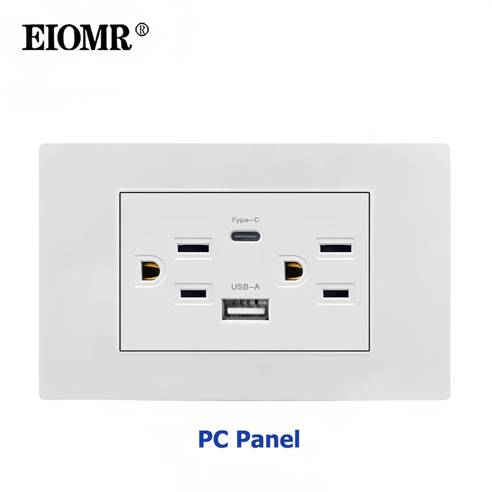 EIOMR US Standard Wall Socket, 15A Socket with 2.1A Usb Type-C, AC 118*75mm White Black New Various Panel Series for Home Office