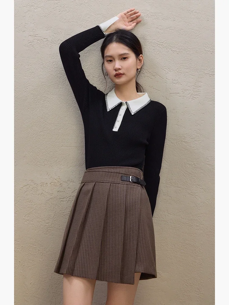 ZIQIAO High-waisted Slim Pleated Mini Skirt for Women 2023 Winter New Vintage Style Retro Plaid A-line Short Skirts for Female