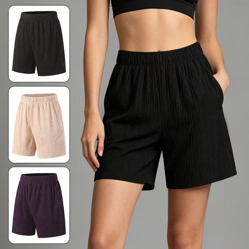 

Ladies' Summer Youth Solid Color Casual Sports Running Shorts Elastic Waistband Pocket Pants Fashionable Home Pants Bottoms