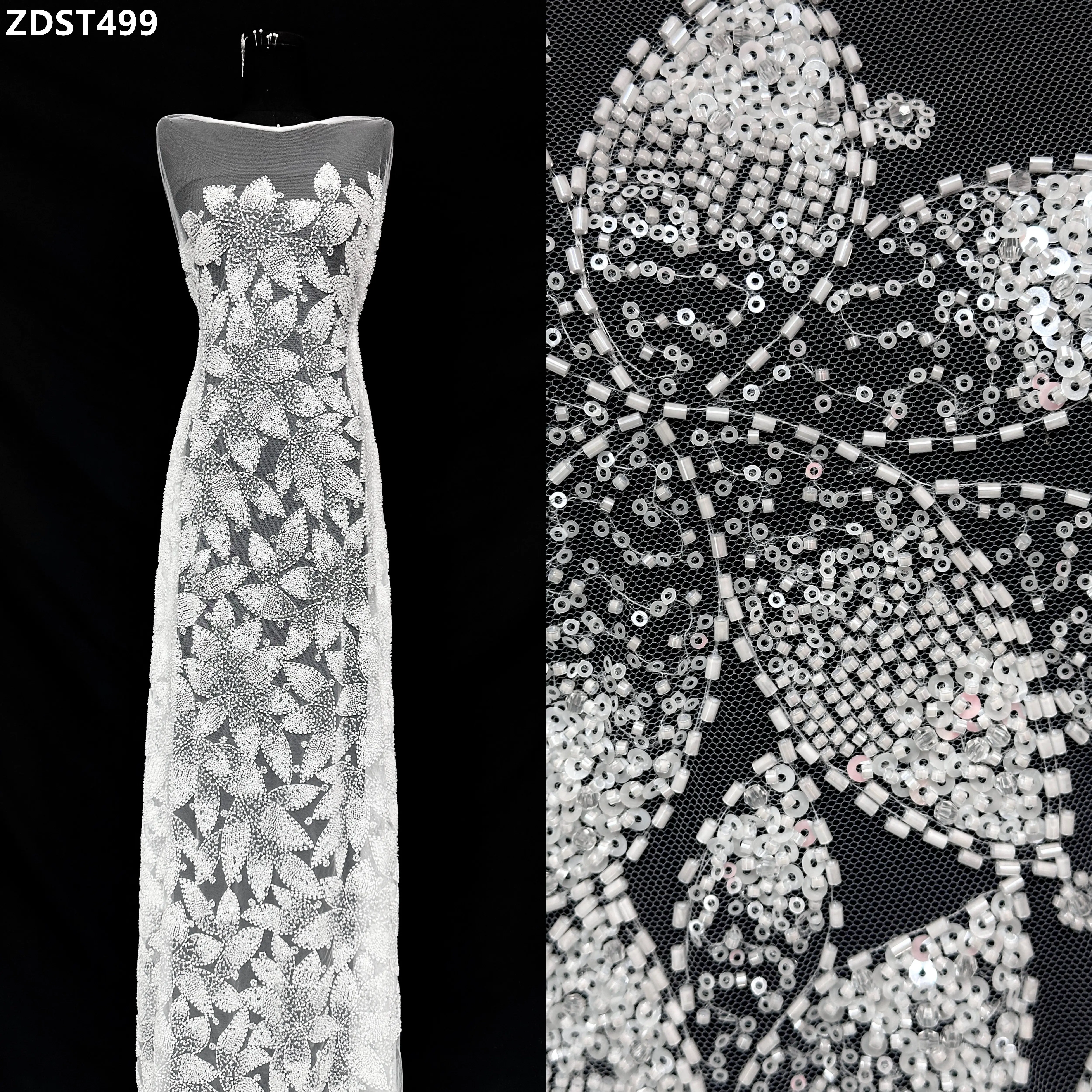 

2026 New Design French Lace Luxury White Tulle Embroidery Mesh French Lace Heavy Beads and Sequins High-End Evening Bridal Gown