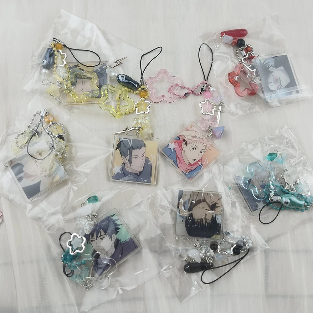 JJK Beaded Phone Charm Nanami Kento Choso Fushiguro Toji Acrylic Photo Pendant Y2K Butterfly Star Beads Handmade Anime Fans Gift