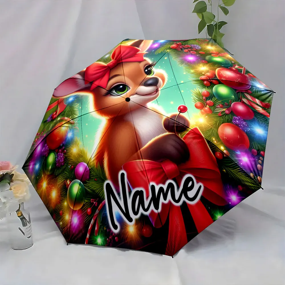 Custom Name  Festive Animal Design Umbrella for Holiday Cheer Print 8 Iron Ribs Folding Umbrella Auto-Open Fashion Sunshade
